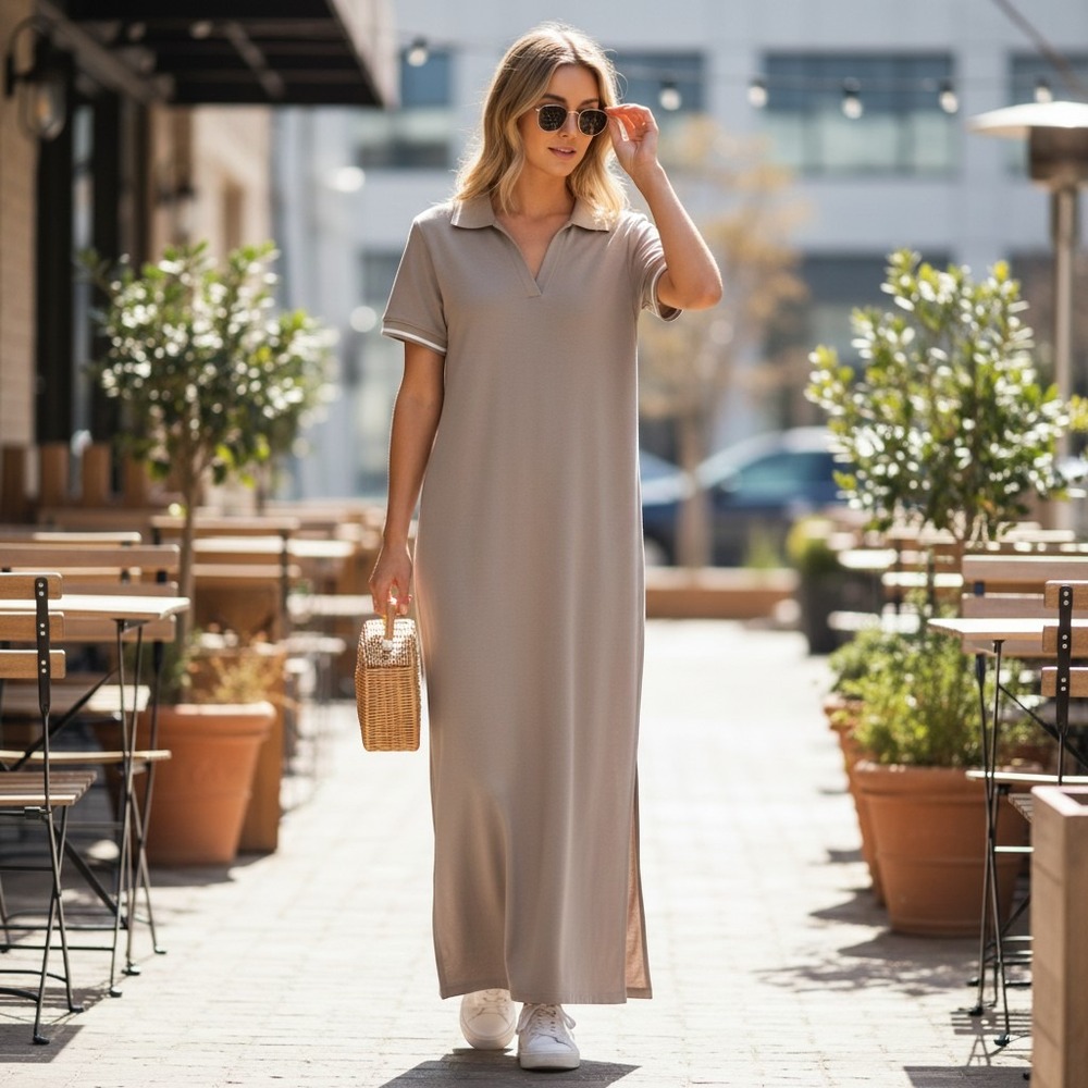 Spanx AirEssentials Polo Maxi Dress Womens Small Taupe Beige V Neck Short Sleeve
